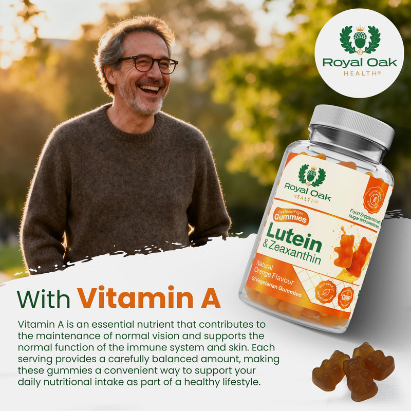 Lutein & Zeaxanthin Gummies 12mg + 2.4mg with Vitamin A 800µg | Vision Support Eye Complex | Natural Orange Flavour | Plant Based Pectin | Vegetarian | 60 Gummies | UK Made | GMP Certified Lutein & Zeaxanthin Gummies