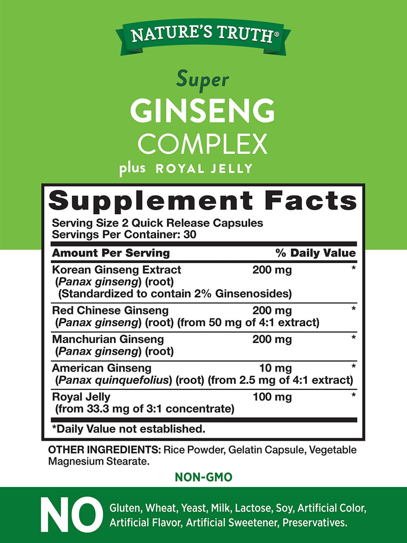 [Australia] - Super Ginseng Complex | 60 Capsules | with Royal Jelly | from Ginseng Extract | Non-GMO, Gluten Free Supplement | by Nature's Truth 