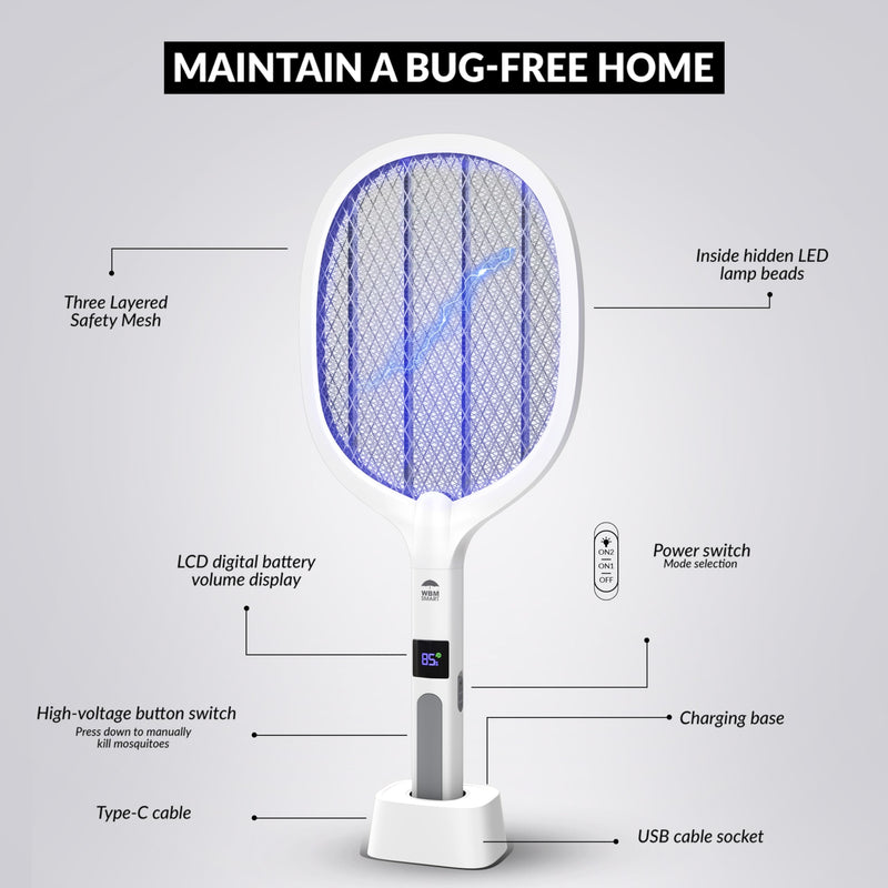 [Australia] - 2 in 1 Electric Bug Zapper, Mosquitoes Trap Lamp & Racket, USB Rechargeable Electric Fly Swatter for Home and Outdoor Powerful Grid 3-Layer Safety Mesh Safe to Touch 