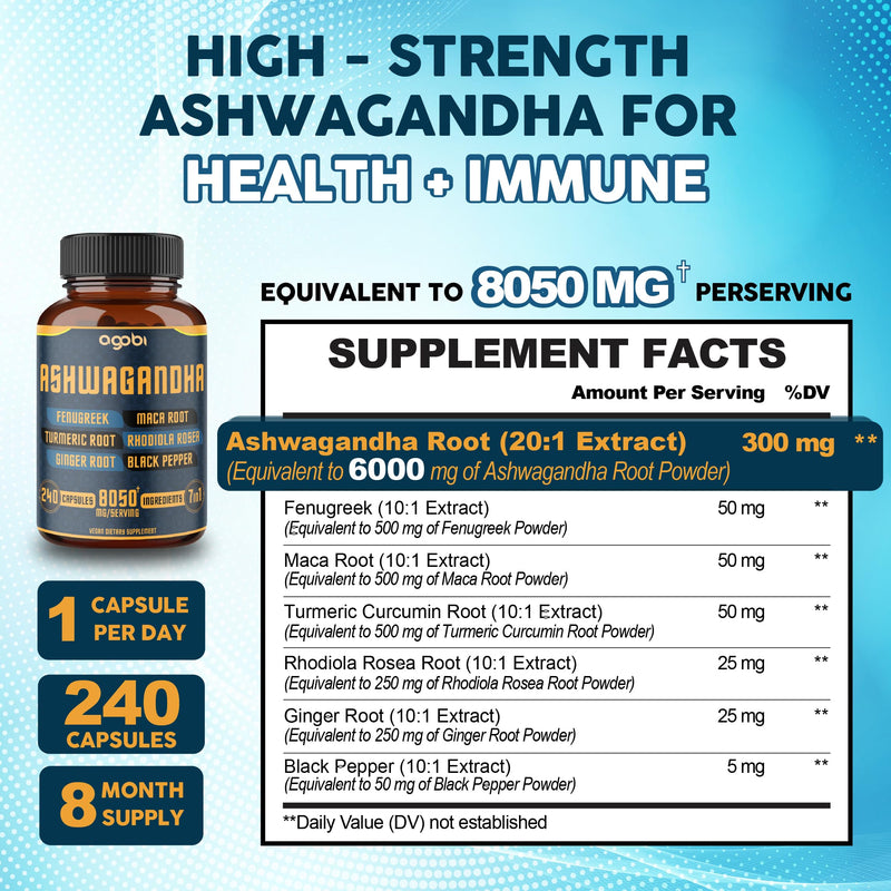 [Australia] - 240 Capsules - 8 Month Supply - 7in1 Ashwagandha 8050mg - Combined with Fenugreek, Maca, Turmeric, Rhodiola, Ginger, and Black Pepper - Mood, Strength, Spirit and Energy Support Supplement 