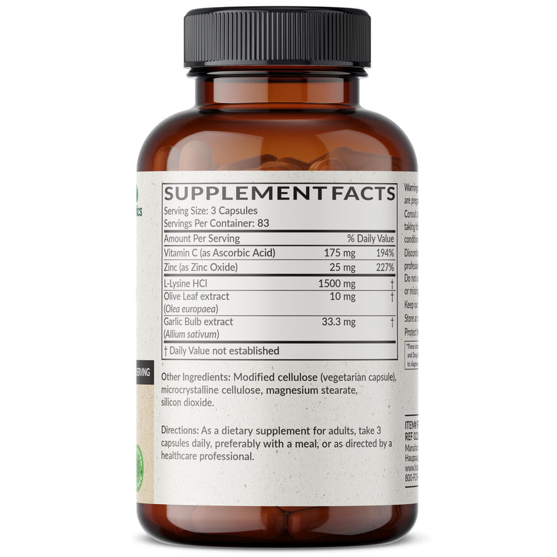 Futurebiotics L-Lysine Defense Immune Support Complex 1500 MG Per Serving with Vitamin C, Zinc, Olive Leaf & Garlic - Non-GMO, 250 Vegetarian Capsules 250 Count (Pack of 1)