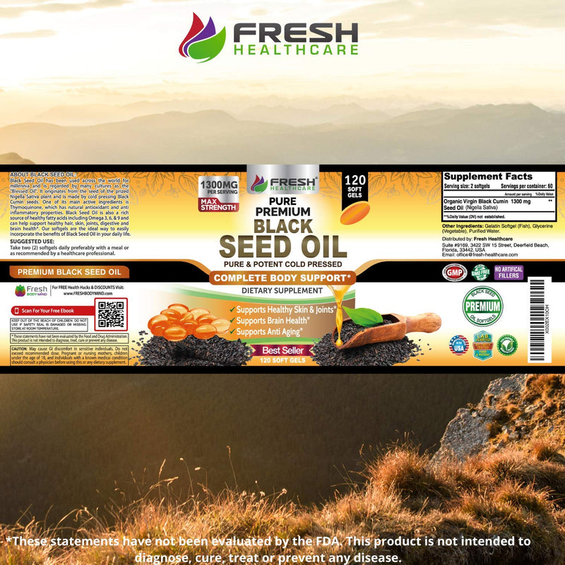 [Australia] - FRESH HEALTHCARE Black Seed Oil Capsules Cold Pressed 1300mg Per Serving, 100% Pure & Premium Non-GMO Nigella Sativa Black Cumin Seed Oil, Supports Immune System, Joint & Skin Health - 120 Capsules 
