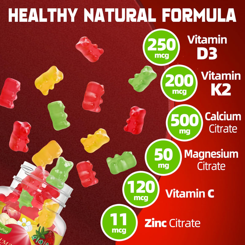 Wekannufod Sugar-Free Vitamin D3 K2 Gummies with Calcium, Magnesium Citrate, Vitamin C & K2 MK-7, Extra Strength Bone, Muscle, Teeth & Immune Support, Vegan, 120 Gummies 120 Count (Pack of 1)