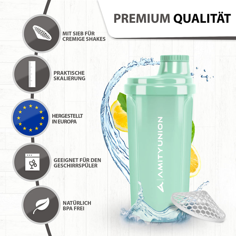 [Australia] - AMITYUNION protein shaker “Heaven” 500 ml leak-proof, BPA free, with sieve & scale - ORIGINAL - for creamy whey protein powder shakes, protein isolates & BCAA concentrates, protein shaker in mint blue 