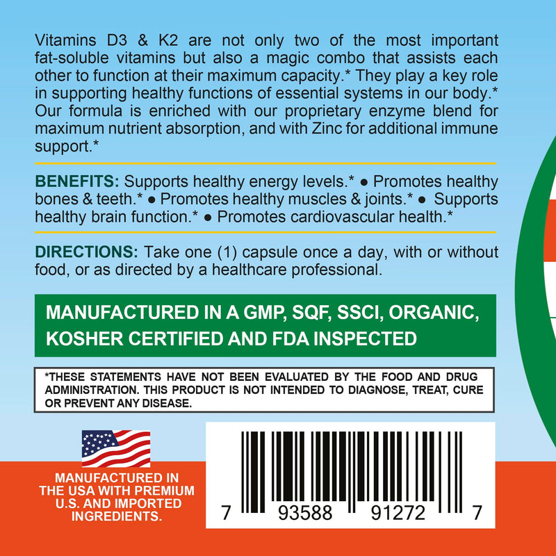 Life Infused Vitamin D3 + K2 Supplement with Zinc & Enzymes — 3000 IU D3, MK-7 K2, Immune & Bone Support, Enhanced Absorption, Non-GMO Vegan Capsules, 90 Count