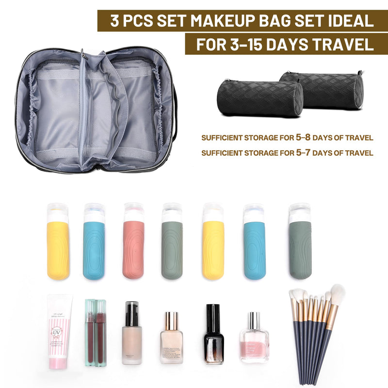 BOYATU Travel Makeup Bag, Large Capacity 3-Piece Cosmetic&Toiletry Bag Set | Thoughtfully Organized | Detachable Pouches | Opens Flat for Easy Packing | Waterproof PU Leather A-4-Black
