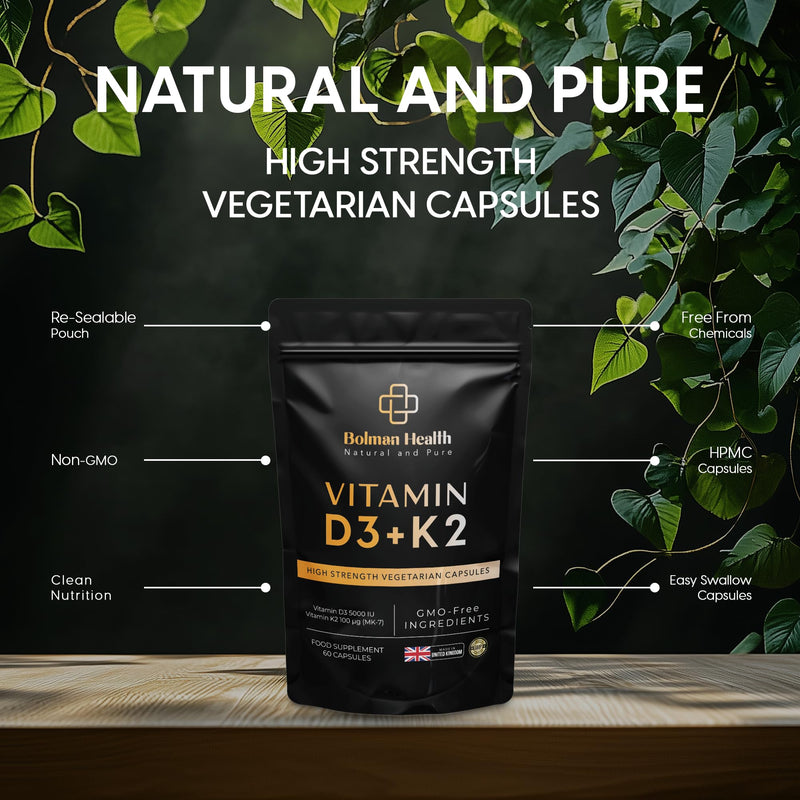 Vitamin D3 + K2 Capsules | 5000 IU Vitamin D3 & 100µg Vitamin K2 MK-7 | Supports Bones, Teeth, Muscles & Immune Function | 60 Vegetarian Capsules | Non-GMO | Gluten-Free Vitamin D Supplement 60 count (Pack of 1)