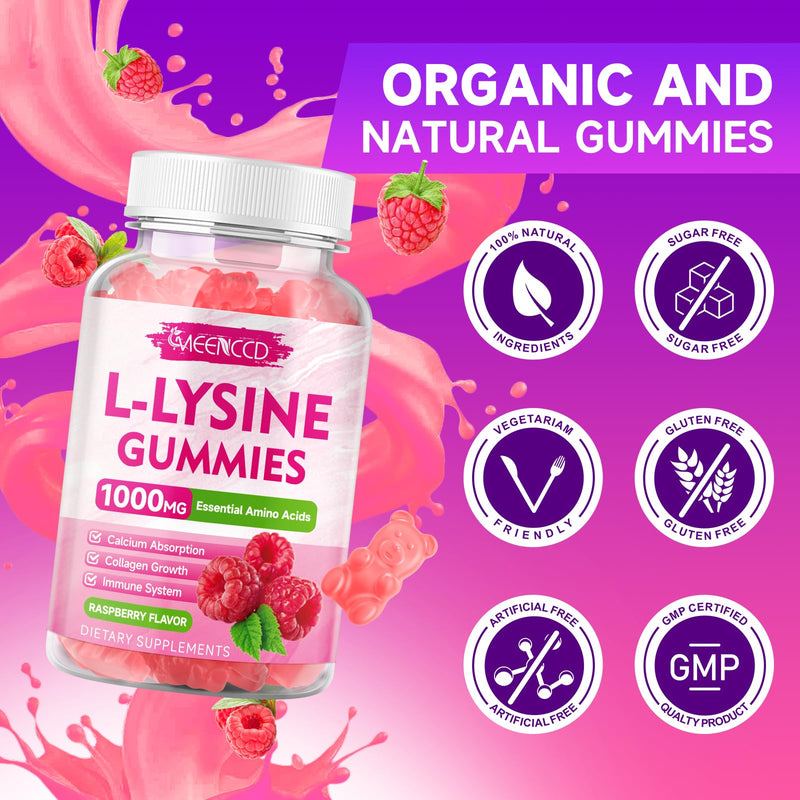 MEENCCD 2 Pack L-Lysine 1000mg Gummies, Lysine Supplement for Adults & Kids, Essential Amino Acid Supplement Supports Collagen Formation, Sugar-Free, Raspberry Flavor, 120 Count 60 Count (Pack of 2)