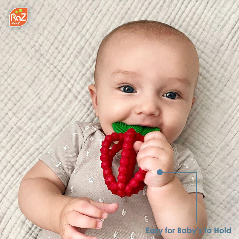 [Australia] - RaZbaby Silicone Infant & Baby Teething Toy, Textured BerryBumps Soothe Babies’ Sore Gums, RaZberry Bites Relief Teether, Back & Front Teeth, BPA Free, Easy to Hold, Fruit Shape for Babies 3M+ - Red 