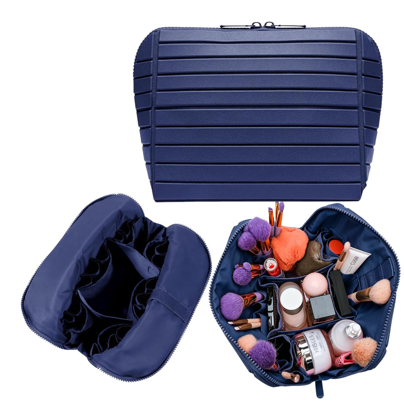 Foldable Travel Makeup Bag,27 Pockets 3 Brush Slots,Large Capacity Cosmetic Bags Toiletry Case Navy Blue