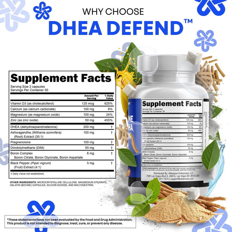 DHEA 200mg Supplement Pregnenolone 100mg for Men & Women with DIM Ashwagandha Boron 6mg Complex Calcium Magnesium Zinc 50mg Vitamin D3 5000 IU Hormone Support Capsules Pills Made in USA 60 Count