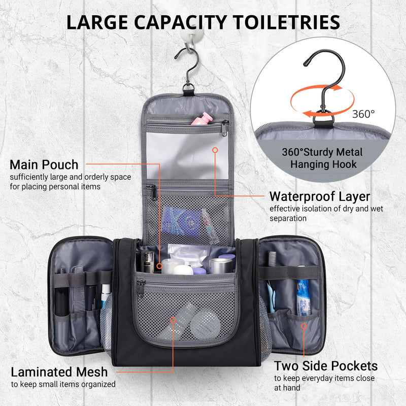 WITZMAN Toiletry Bag for Men Nylon Hanging Water-resistant Shaving Dopp Kit | With Dry-wet Separation Pocket, Multi-pockets for Organized Storage, Lightweight, For Travel, Bathroom, B690 Black