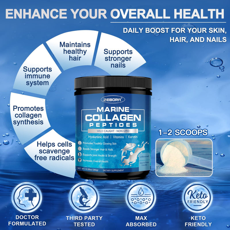 ZEBORA Marine Collagen Peptides Powder for Women, 35 Servings | Wild Caught Hydrolyzed Fish Collagen with Hyaluronic Acid, Keratin, Multivitamins for Skin, Hair, Nails, Keto-Friendly 12.35 Ounce (Pack of 1)