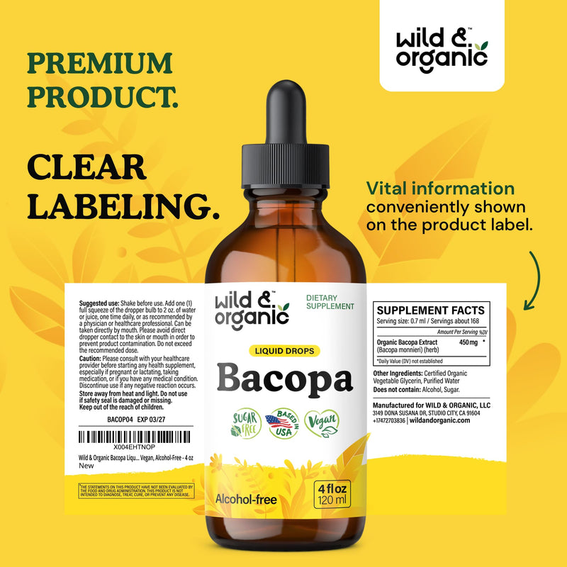 [Australia] - Wild & Organic Bacopa Liquid Drops - Herbal Tincture for Brain Support - Vegan Supplements with Bacopa Monnieri Extract Liquid - 5-Month Supply - Sugar & Alcohol-Free - 4 fl oz 4 Fl Oz (Pack of 1) 