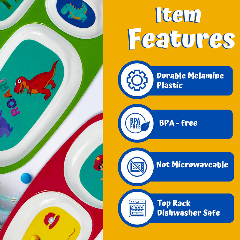[Australia] - 4E's Novelty 4 Melamine Dinner Plate for Kids Boys, Plastic Mealtime Divided Plates, Dinnerware Dishes Set For Picky Eaters, BPA Free, Construction, Dinosaur, Firefighter, Farm Animal Boys Theme 