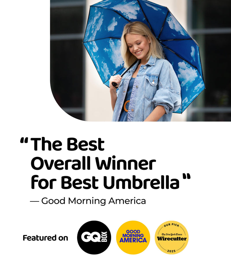 Windproof Travel Umbrella - Compact & Withstands Winds up to 100MPH, Strongest Premium Auto Folding Umbrella for Rain and Sun - Durable, Light & Portable for Women & Men, Fits Backpack & Cars Cloud Blue Standard