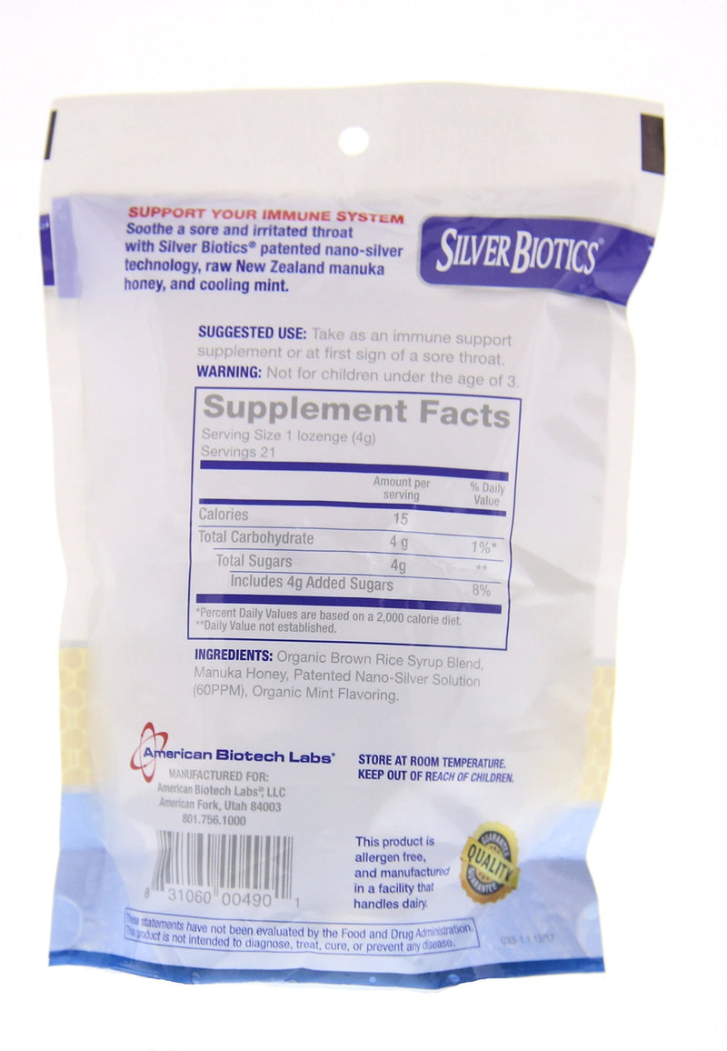 [Australia] - American Biotech Labs Silver Biotics Silver Lozenges w/60ppm SilverSol and Manuka Honey, Mighty Manuka Mint (21 Count) (2 Pack) 