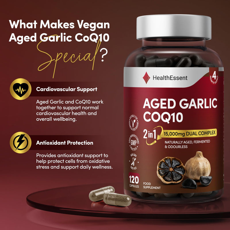 HealthEssent Aged Black Garlic 15,000mg Blood Pressure Support with CoQ10 | 120 Capsules, 4 Month Supply | Odourless Fermented Aged Garlic Extract | 100:1 Dual Complex | Vegan, Non-GMO, GMP Quality