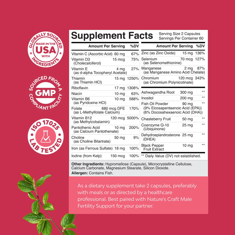 Female Fertility Supplement with Prenatal Multivitamins - Fertility Support with Prenatal Choline Inositol Folate Chasteberry and CoQ10 Fertility Blend for Women to Promote Conception - 120 Count 120 Count (Pack of 1)