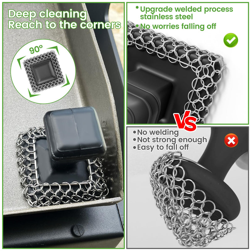 [Australia] - Cast Iron Scrubber & Cleaner Scraper Kit - Upgraded Handle 316L Stainless Steel Chainmail Scrubber for Cast Iron Pans, Dish Scrub Brush Scouring Pad for Cookware Corners Deep Cleaning - Black 
