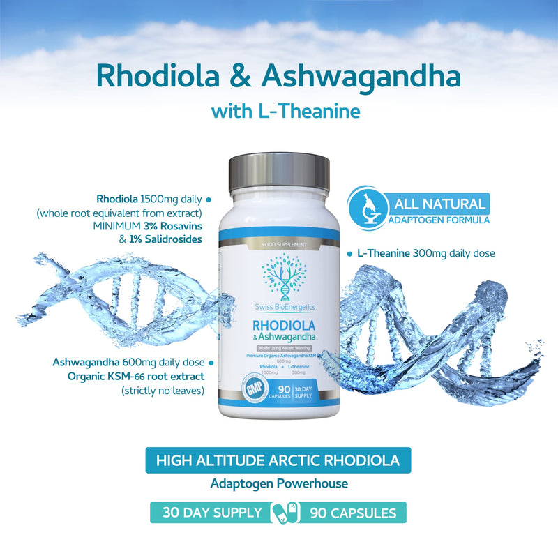 Rhodiola & Ashwagandha with L-Theanine - Award Winning Ashwagandha KSM-66 600mg & 1500mg Rhodiola - Whole Root Equivalent- adaptogen Combo- No Artificial fillers- UK Made