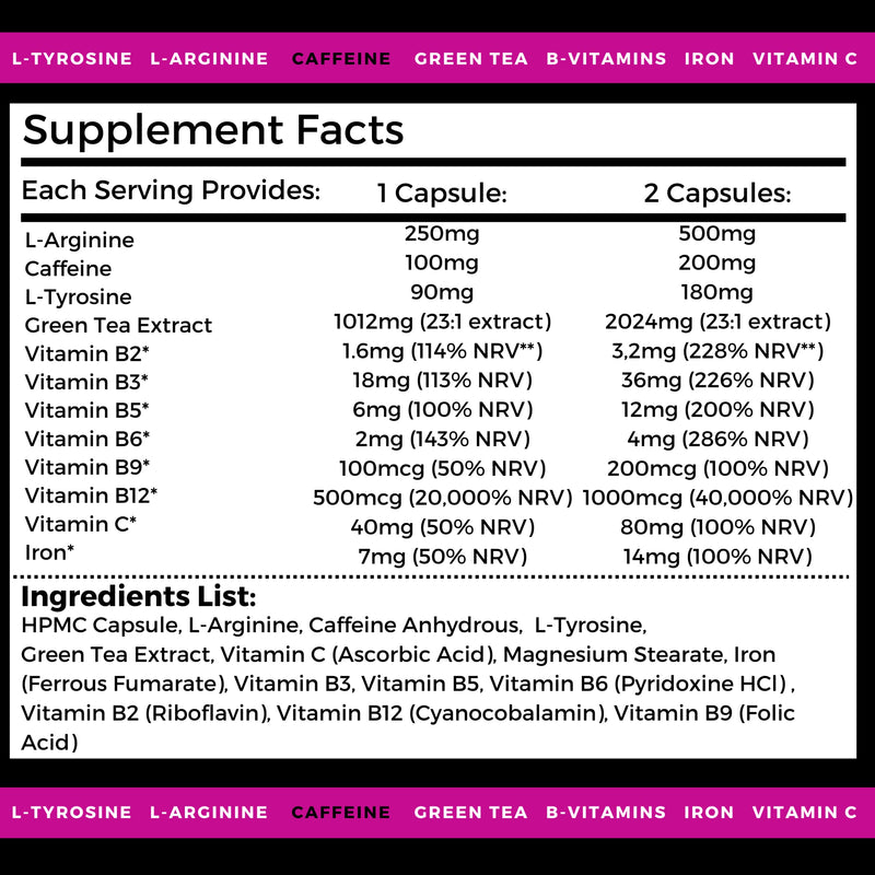 Nutripact Caffeine Capsules 12-in-1 Energy Booster Complex with Green Tea, L-Tyrosine, L-Arginine, B Vitamins, VIT C & Iron - for Running, Pre Workout, Focus, Tiredness & Fatigue - 60 Vegan Capsules