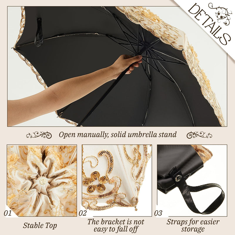Floral Lace UV Sun Parasol with Lace Handheld Fan Vintage Flower Embroidery Umbrella Folding Fan Gothic Umbrella or Bridal Wedding Party Gift Show Cosplay Photo Props Apricot Yellow