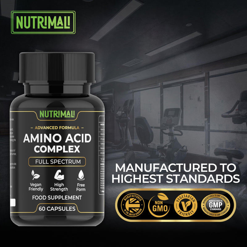 Amino Acid Supplements – Full Spectrum All BCAA, EAA + Vitamin C & Botanical Blend – High Strength, Free Form – 60 Vegan Capsules | By NutriMali