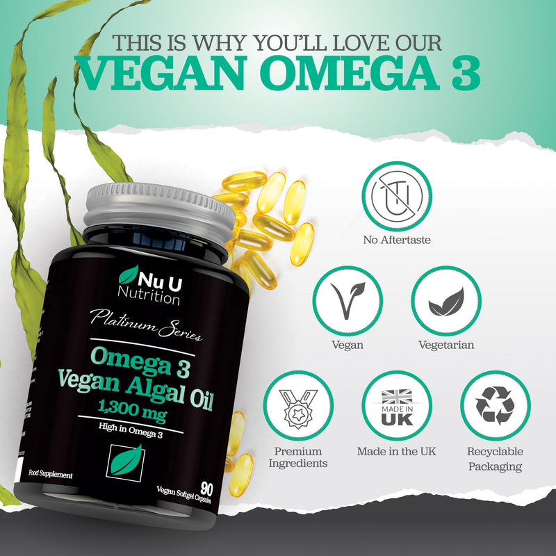 Vegan Omega 3 Algae Oil 1300mg - 520mg DHA per Serving - 90 Vegan Softgel Capsules with Vitamin E - High Strength DHA from Marine Algae Oil - Plant Based Omega 3