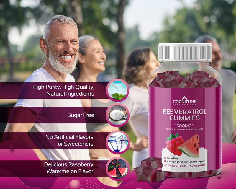 [Australia] - Resveratrol Gummies - Sugar Free Natural Raspberry Watermelon Flavor, 1500mg Resveratrol Supplement for Heart, Brain, Immune Support & Wellness, Powerful Antioxidant with Anti-Aging Benefits 