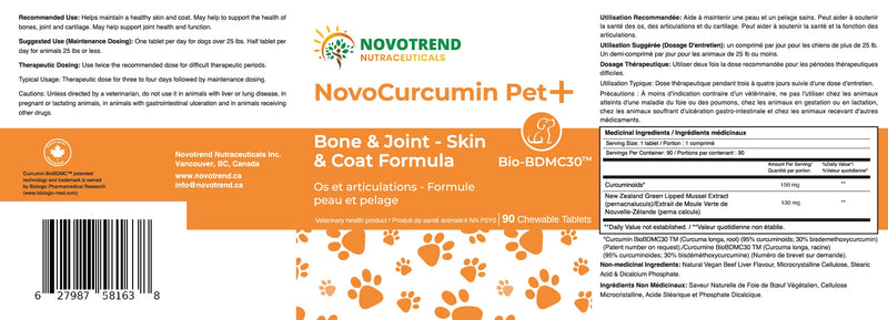NovoCurcumin Pet+ BioBDMC30 Bone & Joint - Skin & Coat Formula - 90 Chewable Tablets - PawsPlanet Australia