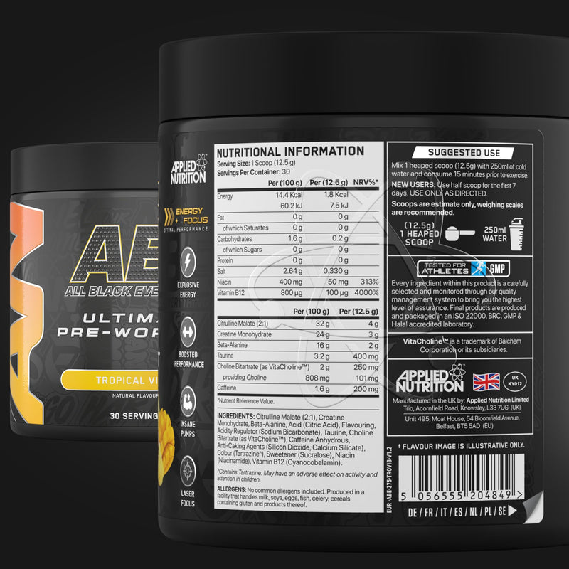 Applied Nutrition Bundle ABE Pre Workout 375g + Electric Shaker | All Black Everything Pre Workout Powder, Energy Drink, Physical Performance, Creatine, Beta Alanine, Caffeine (Tropical) Tropical
