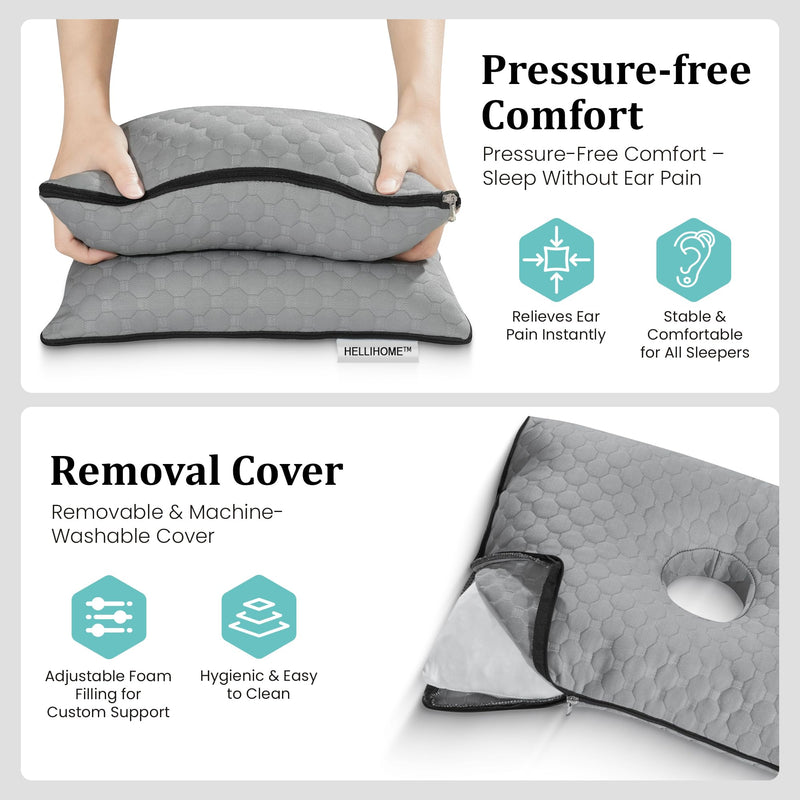 [Australia] - Ear Piercing Pillow with Hole for Ear - Adjustable Shredded Memory Foam Pillow for Side Sleepers, CNH Pillow for Piercing Healing & Ear Pain Relief | Soft Washable Travel Pillow with Bag Extra Foam 