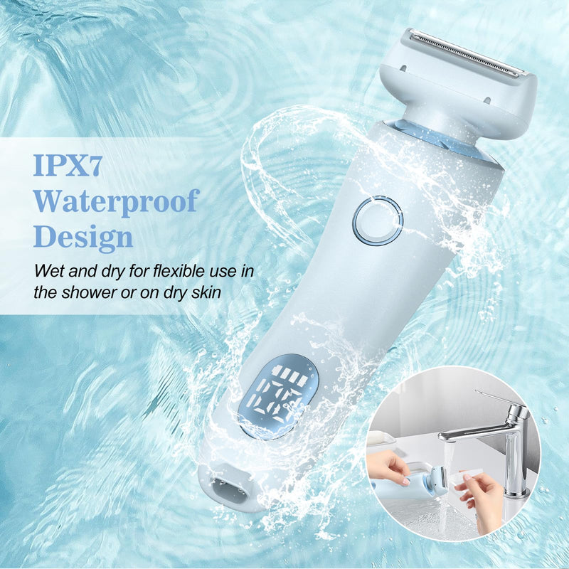 Electric Shaver for Women, 2 in 1 Wet & Dry Bikini Trimmer with 2 Removable Heads, Painless Hair Removal for Bikini, Legs, Underarms, Body (Blue)