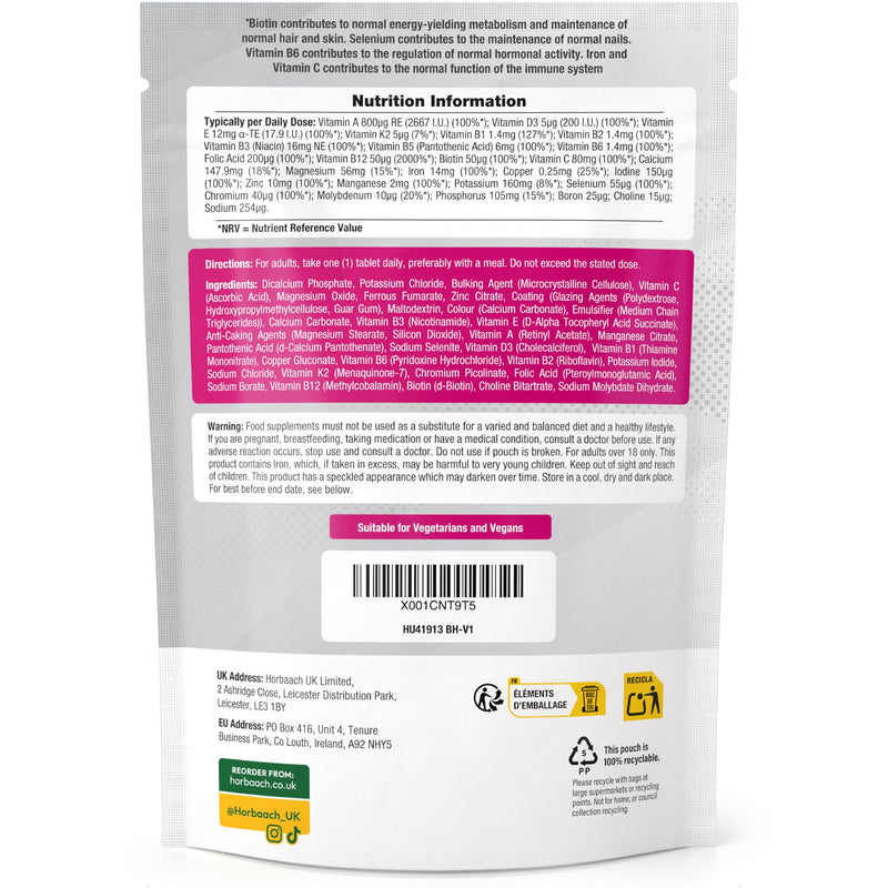 Womens Multivitamins and Minerals | 28 Essential Active Nutrients with Iron, Biotin, Copper, Vitamin B6, Zinc & More | 180 Vegan Tablets - 6 Month Supply | by Horbaach