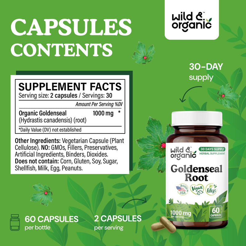 [Australia] - Wild & Organic Goldenseal Root Capsules 1000mg - Immune & Lung Support - 60 Goldenseal Root Powder Capsules - 30 Days Supply - Vegan, No Fillers, Non-GMO 