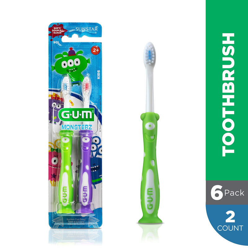 [Australia] - GUM Monsterz Children and Toddler Toothbrush, Soft Bristled Kids’ Toothbrush with Suction Cup, for Ages 2+, 2 Count(Pack of 6) Ages 2+ 2 Count (pack of 6) 