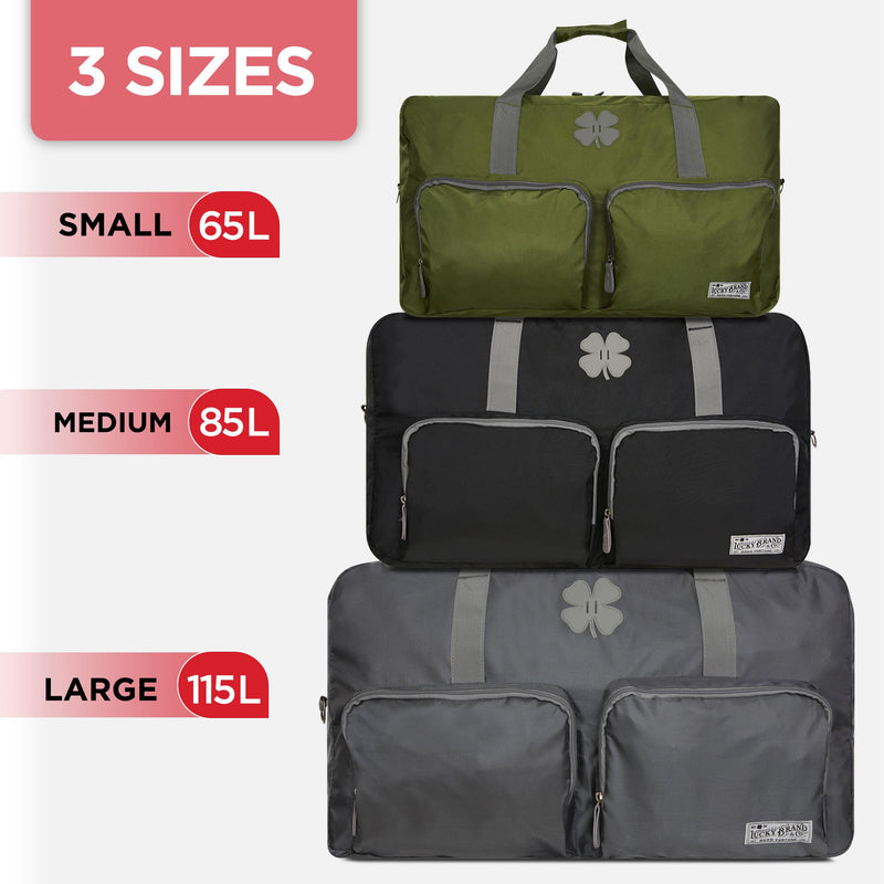 Lucky Brand Large Duffle Bag for Travel, Foldable Weekender Overnight Bag | Travel Duffel bag, Adjustable Shoulder Strap, Front Zip Pockets, Spacious Capacity, Unisex Lightweight Travel Bag for Flights Loden Green 65L