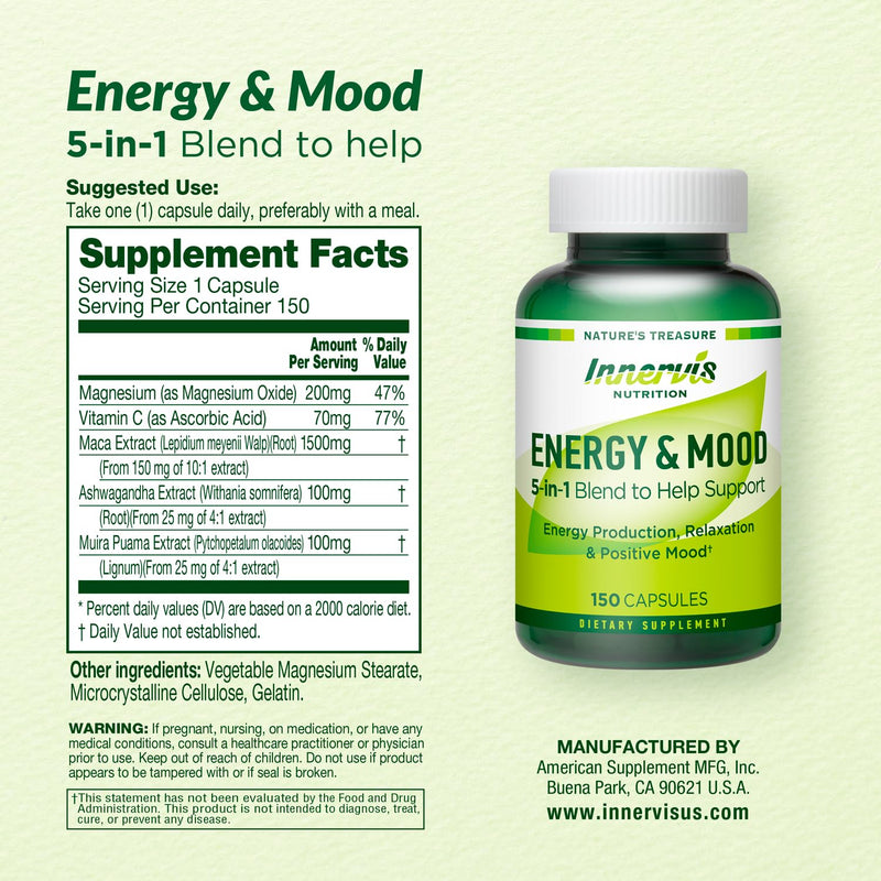 Energy & Mood Supplement – Boost Energy & Reduce Fatigue, Support Relaxation – 150 Capsules – Non-GMO, 3rd Party Tested – Innervis Nutrition 150 Count (Pack of 1)