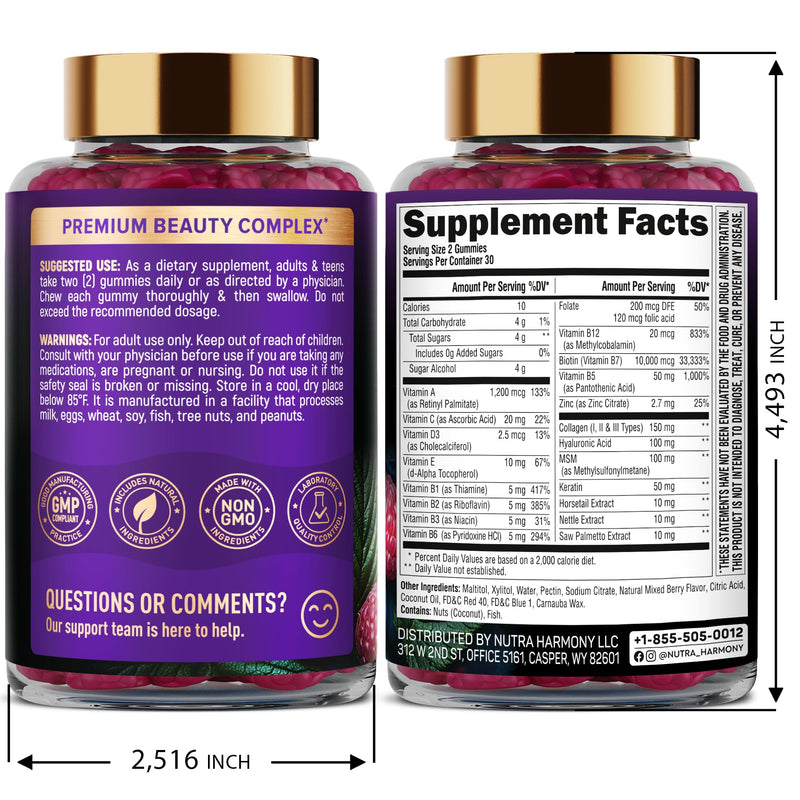Biotin Gummies for Hair Growth Support - for Women & Men - Berry, 60 Gummy | Biotin 10000mcg, Collagen, Keratin, Hyaluronic Acid, B-Complex, Saw Palmetto - Hair, Skin & Nail Strengt Support - Sugar-Free Mixed berry 60 Count (Pack of 1)