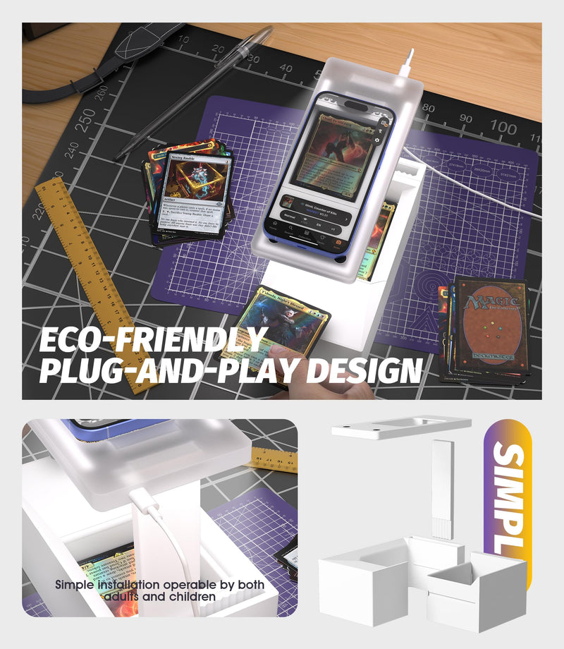 [Australia] - LED Illuminated MTG Card Scanner Stand for ManaBox - 6000K Anti-Glare Lighting, Sloped Drawer, Phone Stand MTG Accessories, Only Available for ManaBox, Only fit for un-Sleeved Cards Only un-sleeved cards 