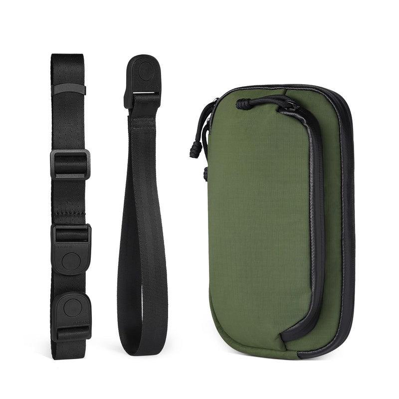 ALPAKA Bravo Passport Pouch RFID Blocking Travel Passport Holder Green | Detachable Hand Strap and Shoulder Strap, Front Zipper Pocket with Hidden AirTag Sleeve, YKK AquaGuard Zippers