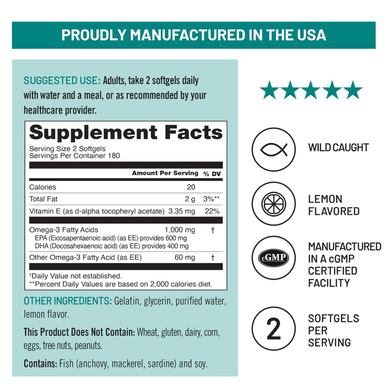 NatureWise Extra-Strength Omega 3 Fish Oil Supplement - 1000mg per Serving - 600 EPA & 400 DHA and Vitamin E - Sustainably Sourced Fish Oil - Lemon Flavor - 360 Softgels[6-Month Supply] 360 Count (Pack of 1)