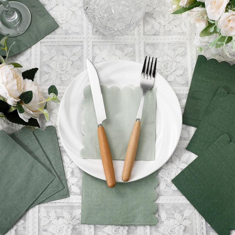 [Australia] - 100 Pack Cocktail Napkins 5 x 5 Inch Scalloped Napkins Beverage Napkins Gradient Color Paper Napkins with Scalloped Edges Thick Disposable Luncheon Napkins for Party Supplies (Sage Green) Sage Green 
