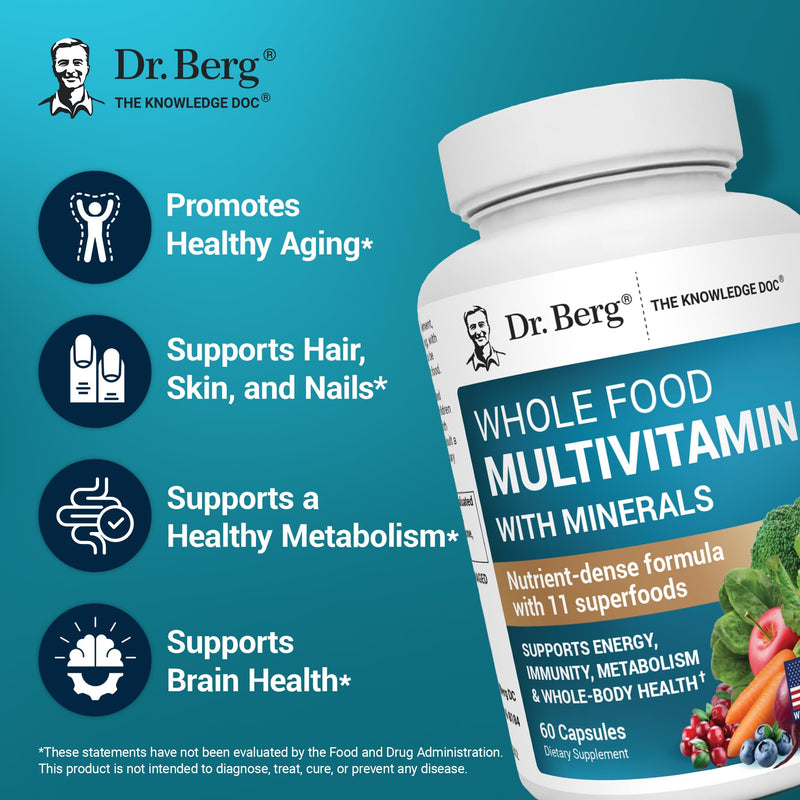 Dr. Berg Whole Food Multivitamin with Minerals - Daily Multivitamin for Men and Women - Includes Premium Whole Food Fruits and Vegetable Blend with Folate, Alpha-lipoic Acid and More - 60 Capsules Multivitamin & Mineral Support