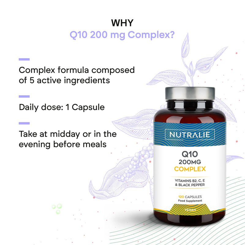 Coenzyme Q10 Complex 200mg - Vitamins C, E and B2 - with Black Pepper - 120 Capsules Coq10 - Ubiquinone Coenzyme Q10-120 Capsules Nutralie