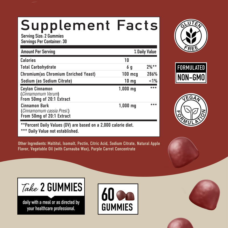 [Australia] - Sugar-Free Cinnamon Gummies 2000MG with Ceylon Cinnamon & Cassia Complex | Sugar-Free Lifestyle Supplement & Guilt-Free Cinnamon Apple Flavor with Chromium | Vegan, Non-GMO, Gluten-Free | 60 Gummies Sugar Free Ceylon Cinnamon Gummies 