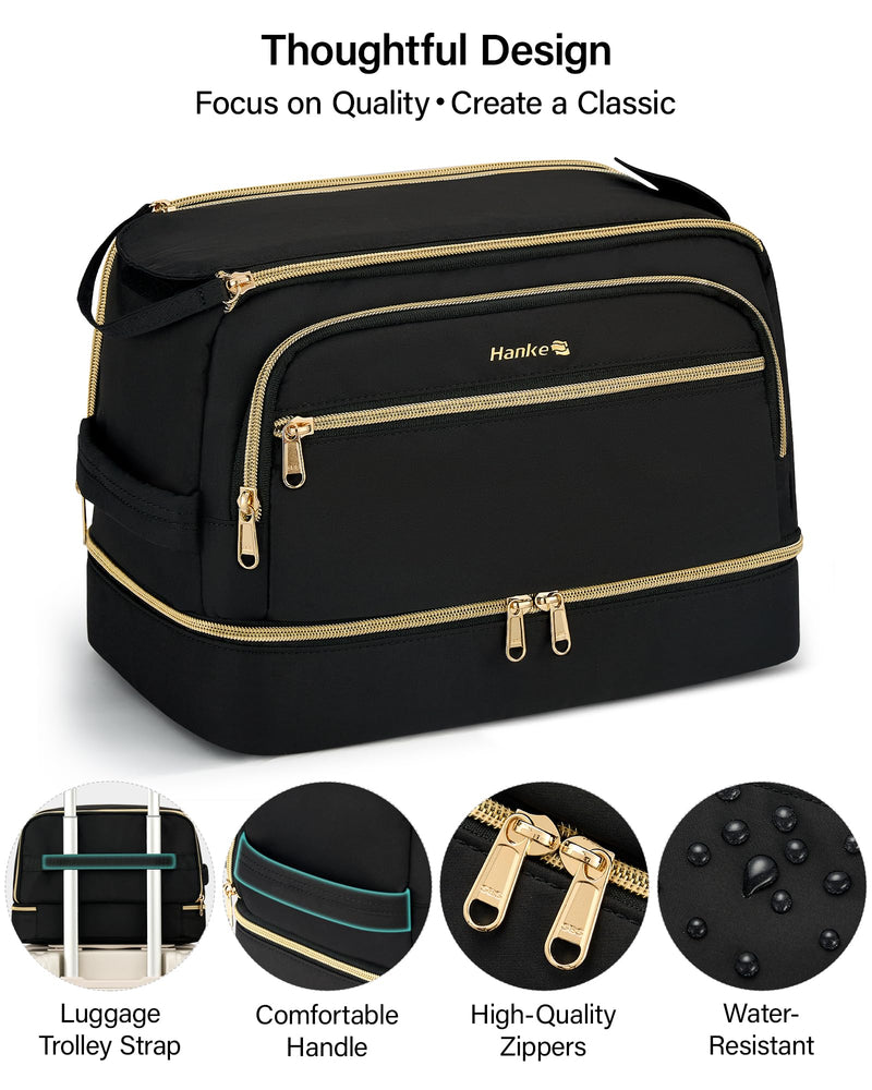 Hanke Travel Toiletry Bag, Lightweight Wide-open Makeup Bag, Dual-Layer Travel Bag for Toiletries Water-Resistant Cosmetic Bags Large Toiletry Bags for Women & Men, Travel Essentials, Black
