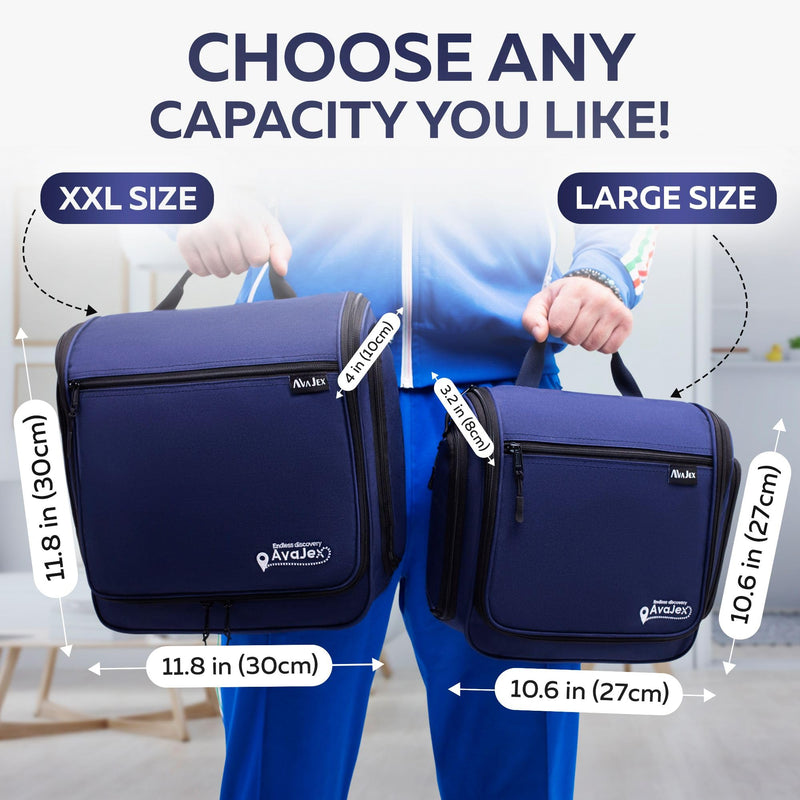 Extra Large (11.8”x11.8”x4”) Hanging Travel Toiletry Bag for Men and Women - Cosmetic Travel Bag With Shoulder Strap - Waterproof Hygiene Bag with Metal Swivel Hook and 19 Compartments for Toiletries XXL Navy Blue