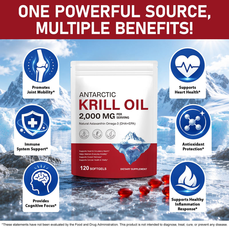 Antarctic Krill Oil 2000mg Softgels with Omega-3s EPA, DHA, Astaxanthin and Phospholipids Supplement 120 Softgels